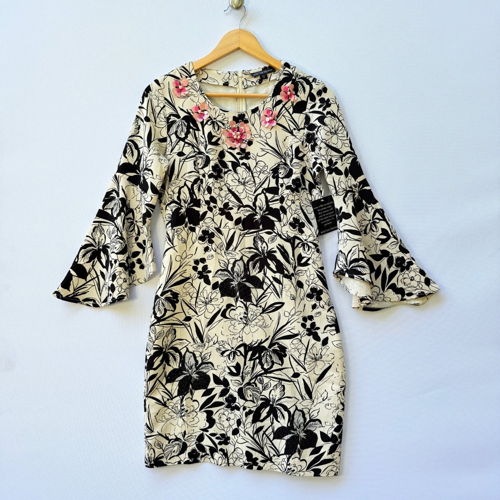NEW‎ Boston Proper Floral Beaded Dress Womens 4 Bell Sleeve Black Cream Pink